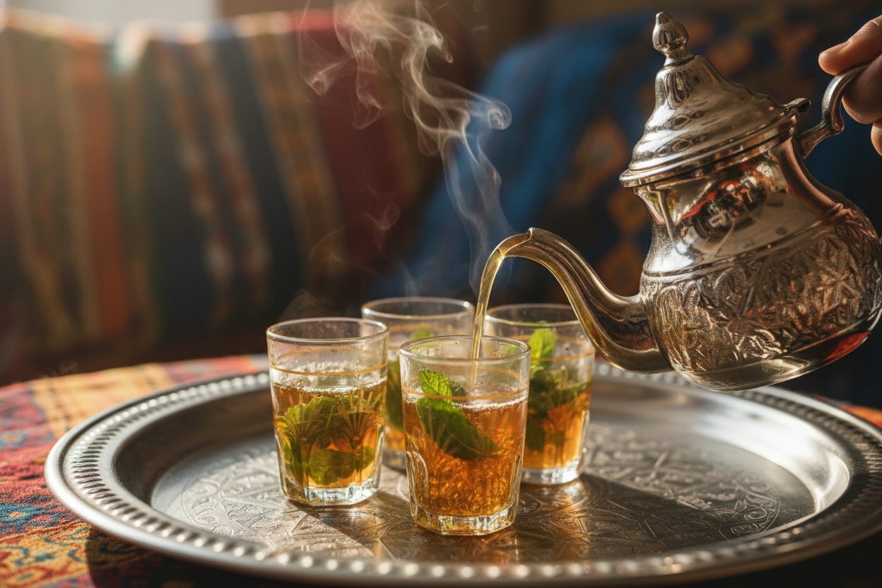 Service du thé à la menthe marocain dans un salon traditionnel